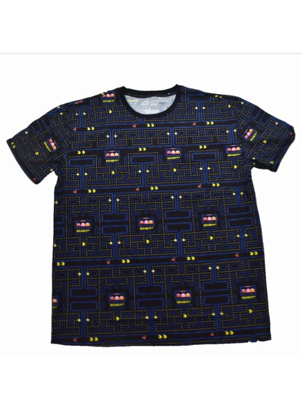 Pac-Man Mens Classic Arcade Game Action All Over Print Black Shirt NWT S-XL